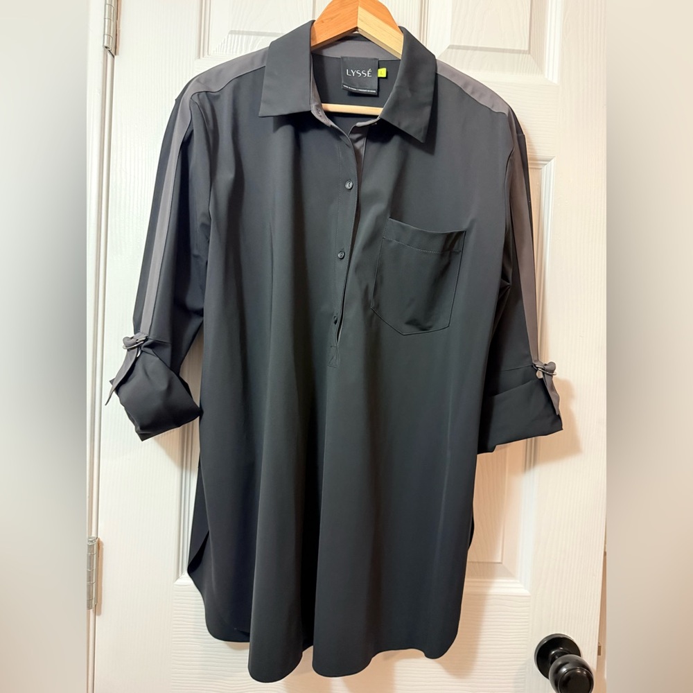 Lysse long sleeve BLK collared button front Tunic grey trim on sleeves Roll Tab